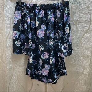 Stella Tweed Floral Blouse Women Small Black Purple Off Shoulder Excellent Boho